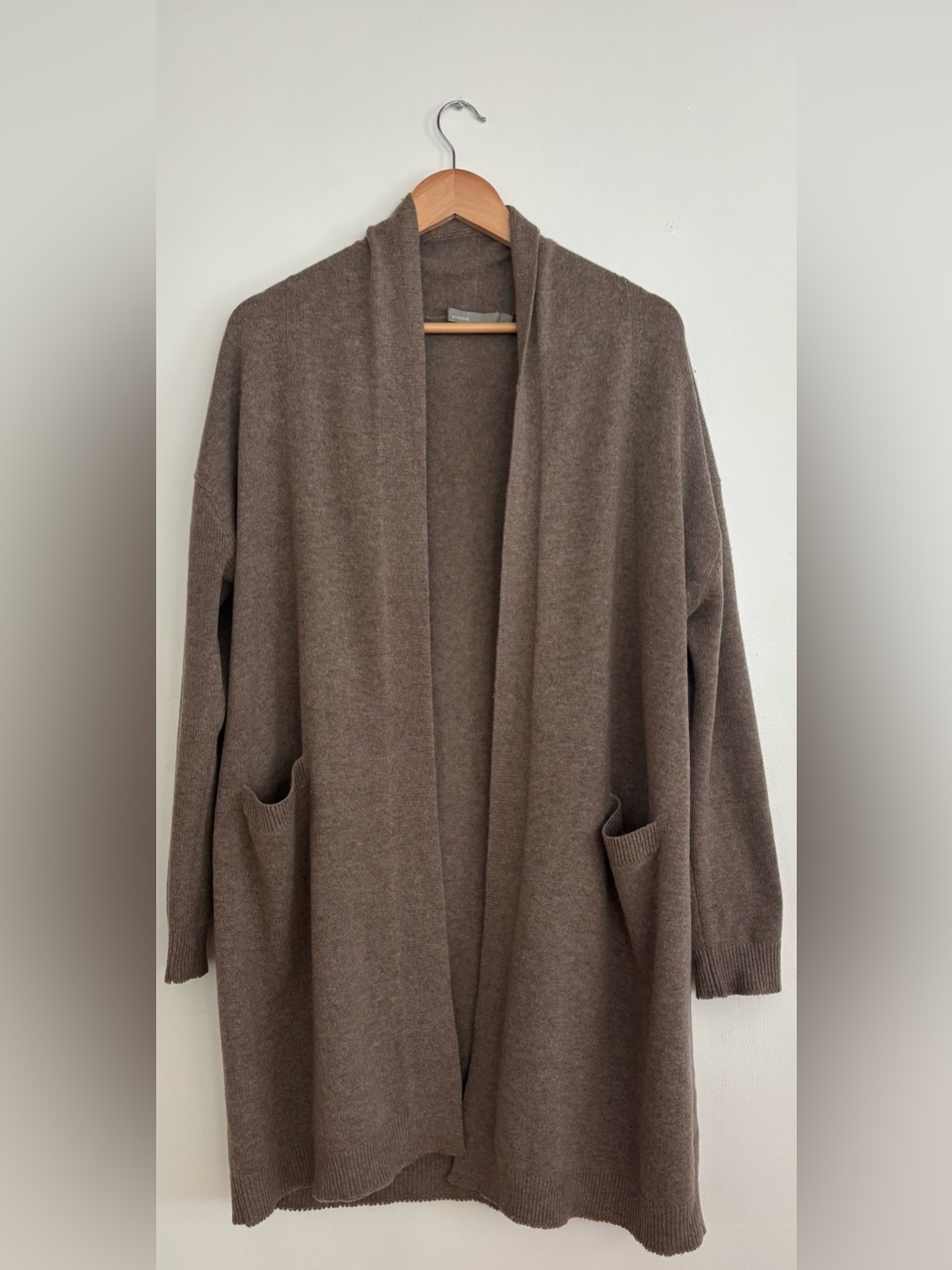 Vince  100% Cashmere Long Open Front Shawl Collar Cardigan Taupe Brown Small